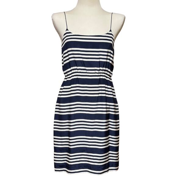 J.Crew Silk Sleeveless Dress Blue Cream Stripe 4 - Picture 1 of 6